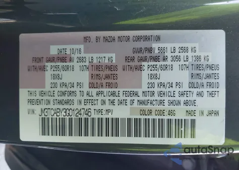 2016 Mazda Cx-9 Sport из США, поврежденный, VIN JM3TCABY3G0124746